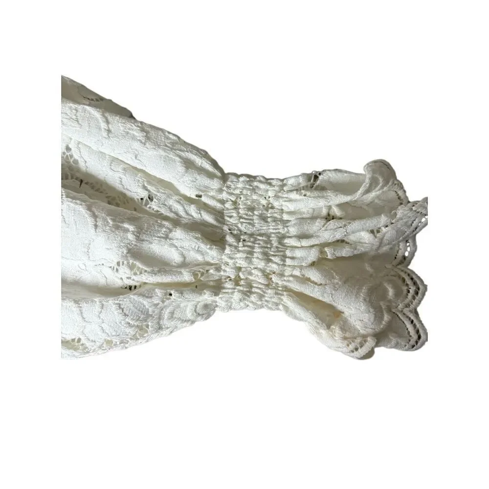 Free People‎ Olivia Lace Top size L Floral Long Bell Sleeve ivory white